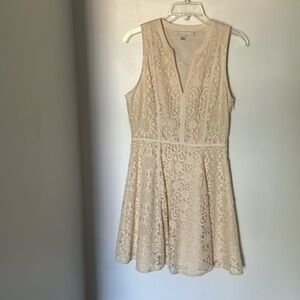 Sleeveless lace dress. Zipper on the side, sometimes gets stuck.